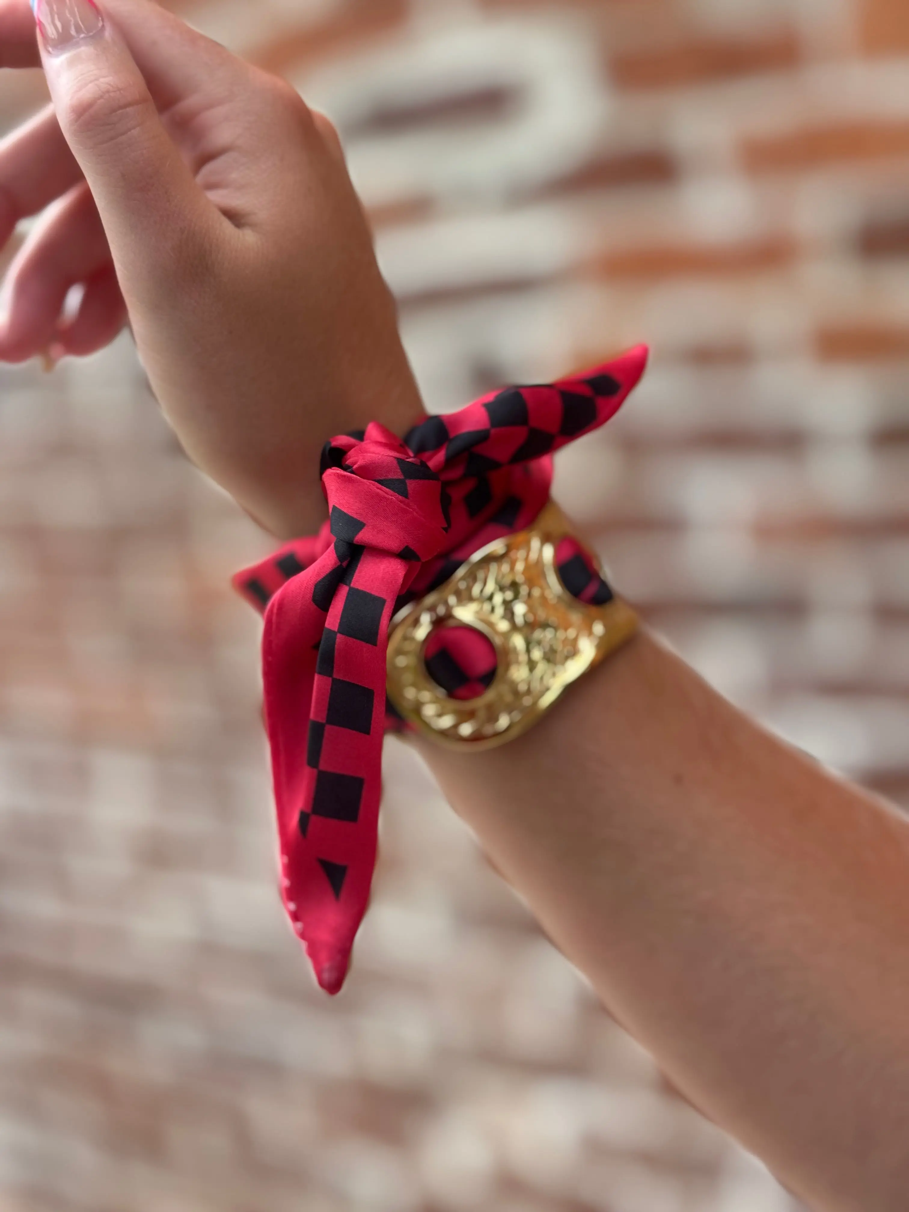 Red & Black Checkered Scarf Cuff Bracelet