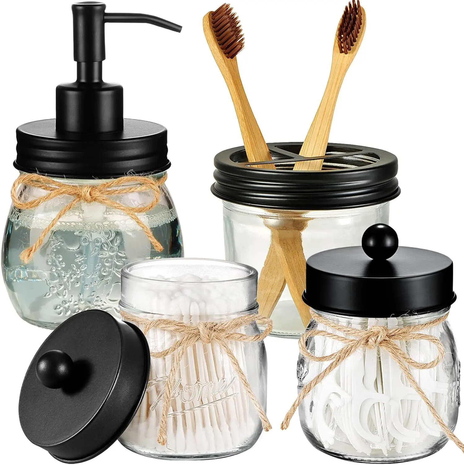 Mason Jar Bathroom Accessories Set 4 Pcs -Lotion Soap Dispenser & 2 Qtip Holders & Toothbrush Holder - Rustic Farmhouse Decor, Bathroom Home Decor (Black)