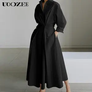 UOOZEE Women's Black Long-Sleeved Loose Fit Solid Color Lapel Mid-Length Dress with Waist Design Comfortable Elegant for Commuting & Formal Occasions Spring Fashion - Modest Summer Outfit
