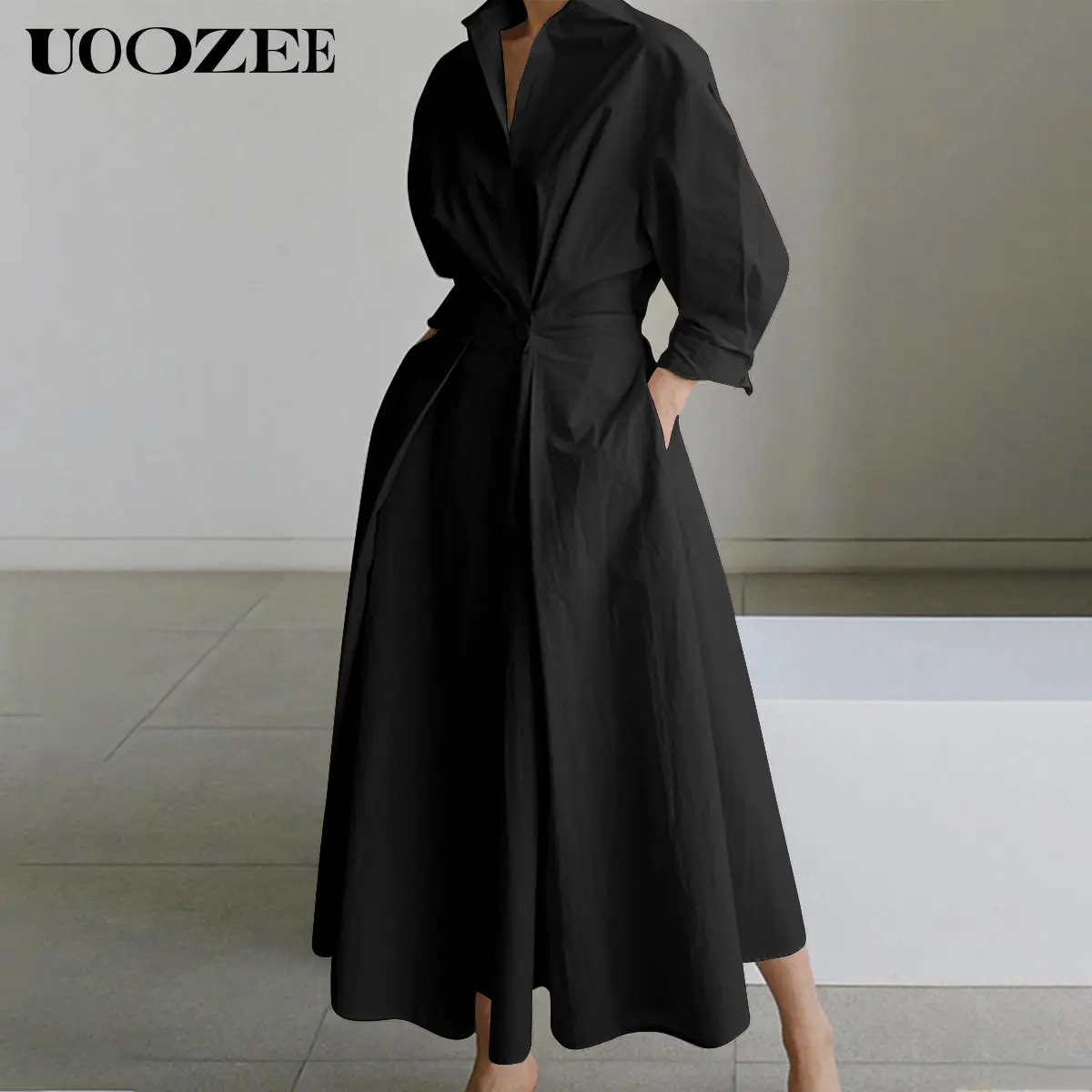 UOOZEE Women's Black Long-Sleeved Loose Fit Solid Color Lapel Mid-Length Dress with Waist Design Comfortable Elegant for Commuting & Formal Occasions
