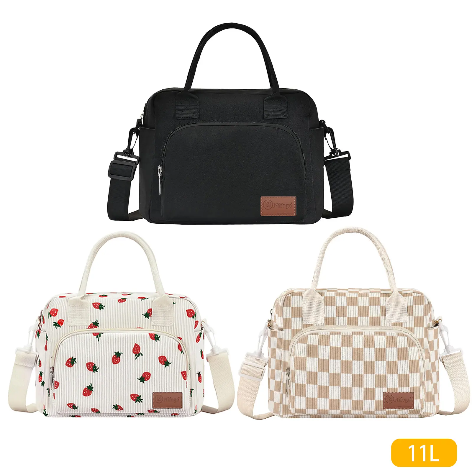 Nifogo Double-Layer Black 15L PEVA Liner Insulated Lunch Box Bag for Women, Reusable Leakproof Thermal Cooler Tote with Adjustable Straps for Office, Beach Hardware Tool Organizer Bag