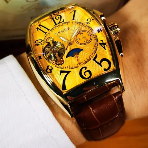 Men's Luxury Automatic Mechanical Watch, Luminous Analog Watch, Luminous PU Leather Strap Fashion Watches, Two Buttons Only Decoration Not Work, Analog Wristwatches