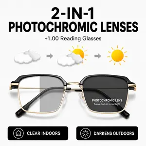 Photochromic Reading Glasses +1.00 for Men Women, Anti Blue Light UV Protection Readers with Buckle Case and Cleaning Cloth, Black Gold Lightweight Eyeglasses for Work Travel Daily Use, SummerVibes