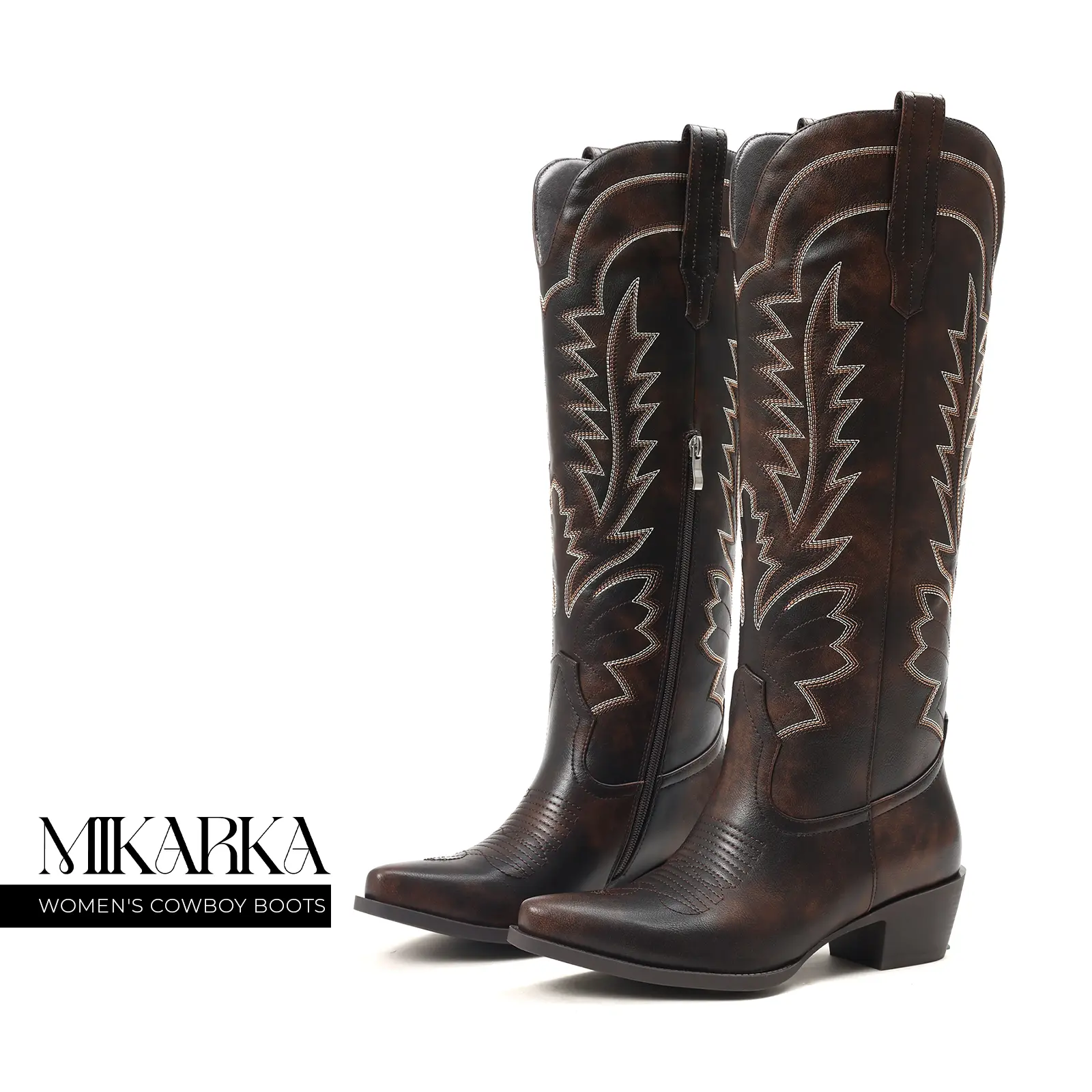 Cowboy Boots for Women Embroidered Western Boots Pointed Toe Chunky Block Heel Knee High Tall Boots Wide Calf Side Zipper Pull On Cowgirl Boots Party Country Wedding Festival Riding Fashion Shoes