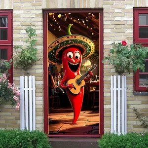 2pcs Mexican Style Happy Red Chili Guitarist Wall Sticker Creative Restaurant Bar Decoration Self Adhesive Removable Cartoon Door Sticker Kitchen Living Room Wall Decorative PosterExclusive Home Decor