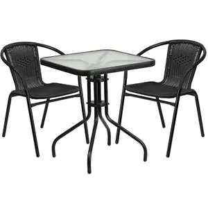 Flash Furniture  23.5 in. Square Glass Metal Table with 2 Black Rattan Stack Chairs