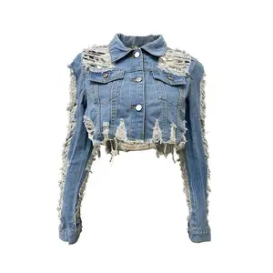 Women's Ripped Raw Hem Button Front Crop Denim Jacket, Fashion Casual Pocket Long Sleeve Collared Outerwear for Daily Outdoor Wear, Ladies Clothes for Fall & Winter, Womenswear（gift） Coats Essential