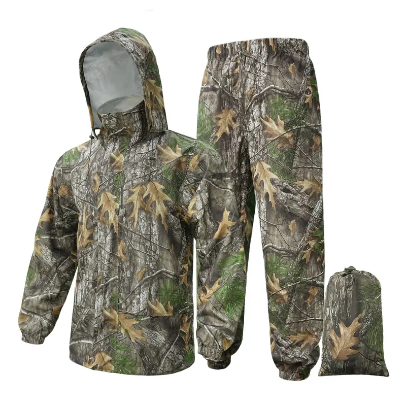 LOOGU Men's Durable Camo Rain Suit - TPU Coated Polyester Waterproof Hooded Jacket, Lightweight Breathable Loose Fit Hunting Gear for Hiking, Light Outdoor Activities, Full Body Cover (One Size, XXL)