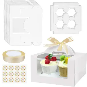 12 PCS White Paper Cupcake Boxes with Carry Handles Silk Ribbon Stickers 4 Cavity Cookie Gift Boxes for Bakery Pastries Birthday Wedding Party