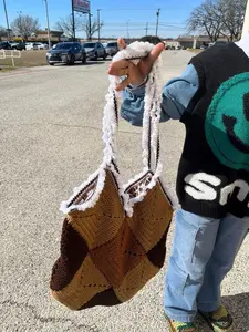 Large Granny Tote Bag - Canvas Material with Granny Squares Design & Cheetah Print Lining - Brown Shades