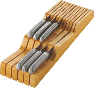 In-Drawer Knife Block - Bamboo Knife Drawer Organizer for Kitchen - Fits 5 Long  - Store Knives with Blades Pointing Down - Wooden Steak knife Holder without Knives - Chef Gift Idea