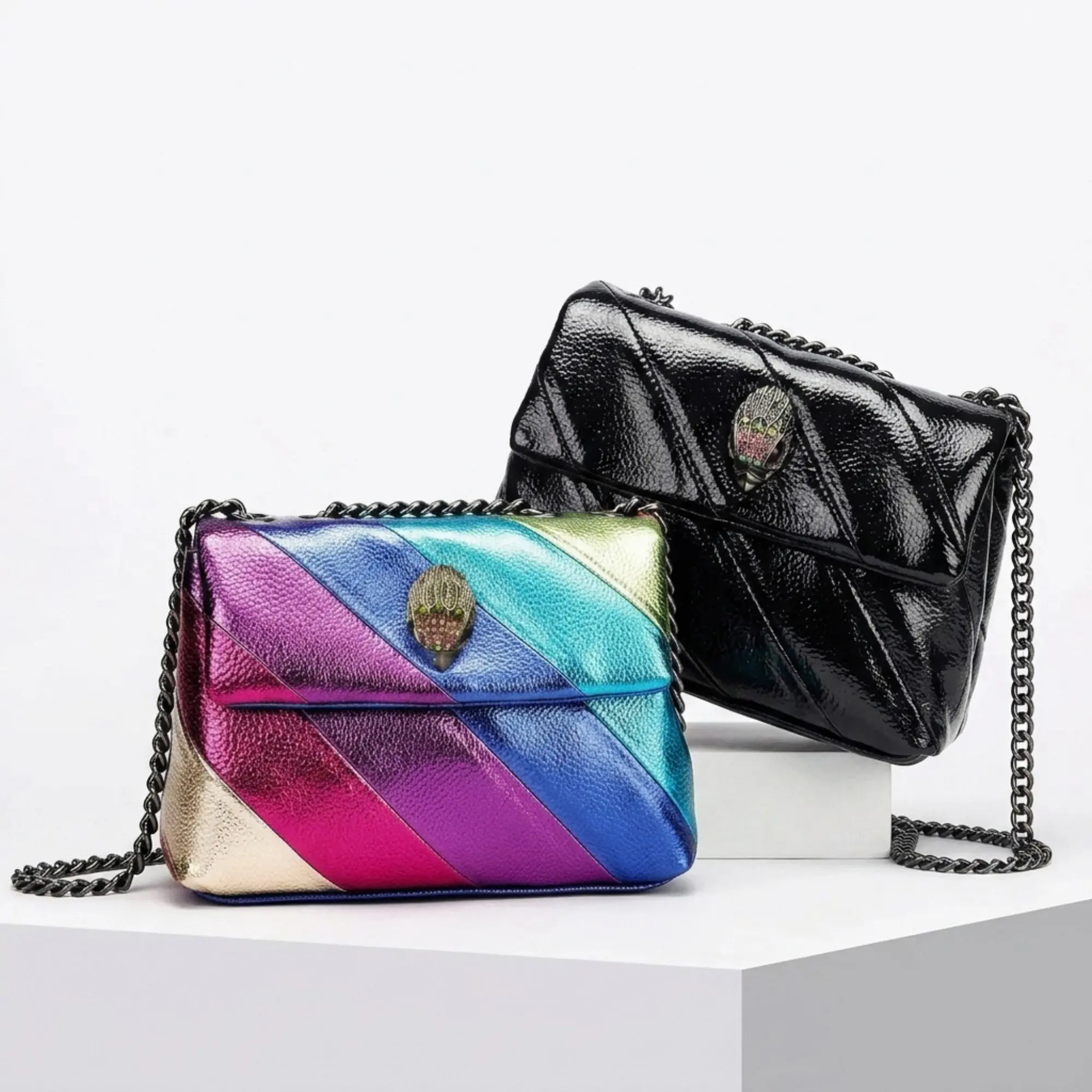Eagle Rainbow Patchwork Handbag, Multicolor Chain Shoulder Bag with Eagle Head Lock, Women's Crossbody Purse