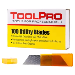 ToolPro Premium Utility Blades - 100 Pack, High Carbon Steel Replacement Blades for Utility Knives, 0.025 Inch Thick, 2 Notches, European Specifications, Ideal for Drywall, Fiberglass, Vinyl, Paper, Plastic, and Cardboard Cutting