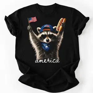 Feral & Free Raccoon Shirt, Funny Patriotic 4th of July Tee, USA Independence Day Shirt, Retro American Freedom Gift for Men and Women Cotton Crew Neck Menswear Top T-Shirt Graphic Womenswear Streetwear Tshirt Crewneck