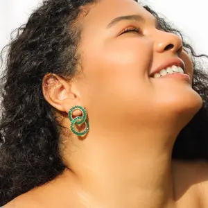 Crochet double circular turquoise earrings - Handmade gold and turquoise post and clip earrings,