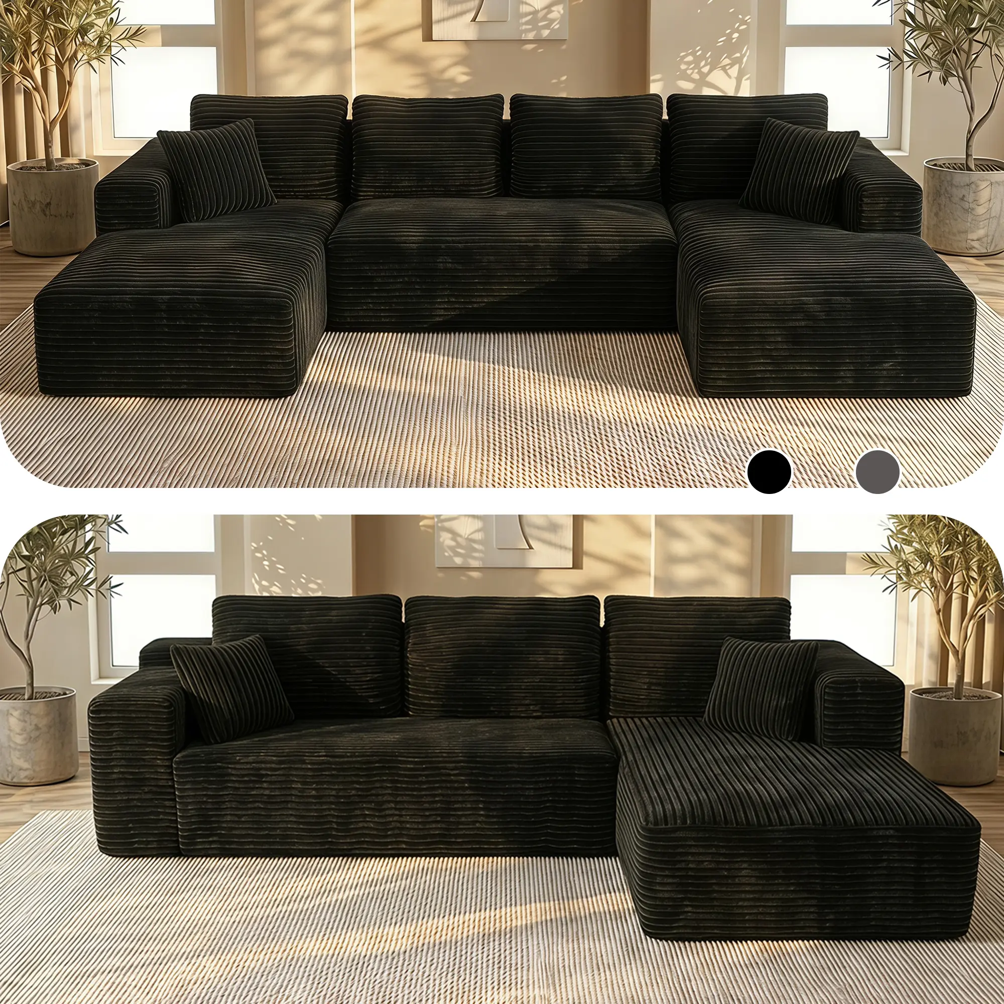 106" L-Shaped Boneless Modular Cloud Sectional Sofa, Wide-Rib Corduroy Couch with Reversible Chaise, Deep Seat, No Assembly Required, Black for Living Room Apartment