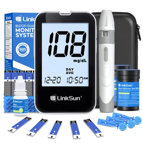 LINKSUN G-425-2V ISO Standard Blood Glucose Monitor Kit - No Coding Accurate Testing Device for Diabetics All Ages, 1 Blood Glucose Meter, 1 Lancing Device, 100 Test Strips, 100 Lancets, Battery Included (Complete Kit Contents) gift ideas