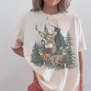Women's Vintage Deer Round Neck Tee, 90s Retro Western Graphic, Oversized Casual Lady Tshirt for Everyday Wear, Hunting Season Country Nature Top - KitchenEra