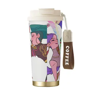 KPOP Demon Hunters Insulated Coffee Travel Mug with COFFEE Lanyard, Stainless Steel Leakproof Flip Lid Thermal Tumbler, Reusable Portable Hot Cold Drink Cup for Car Office Commute Gift for Women