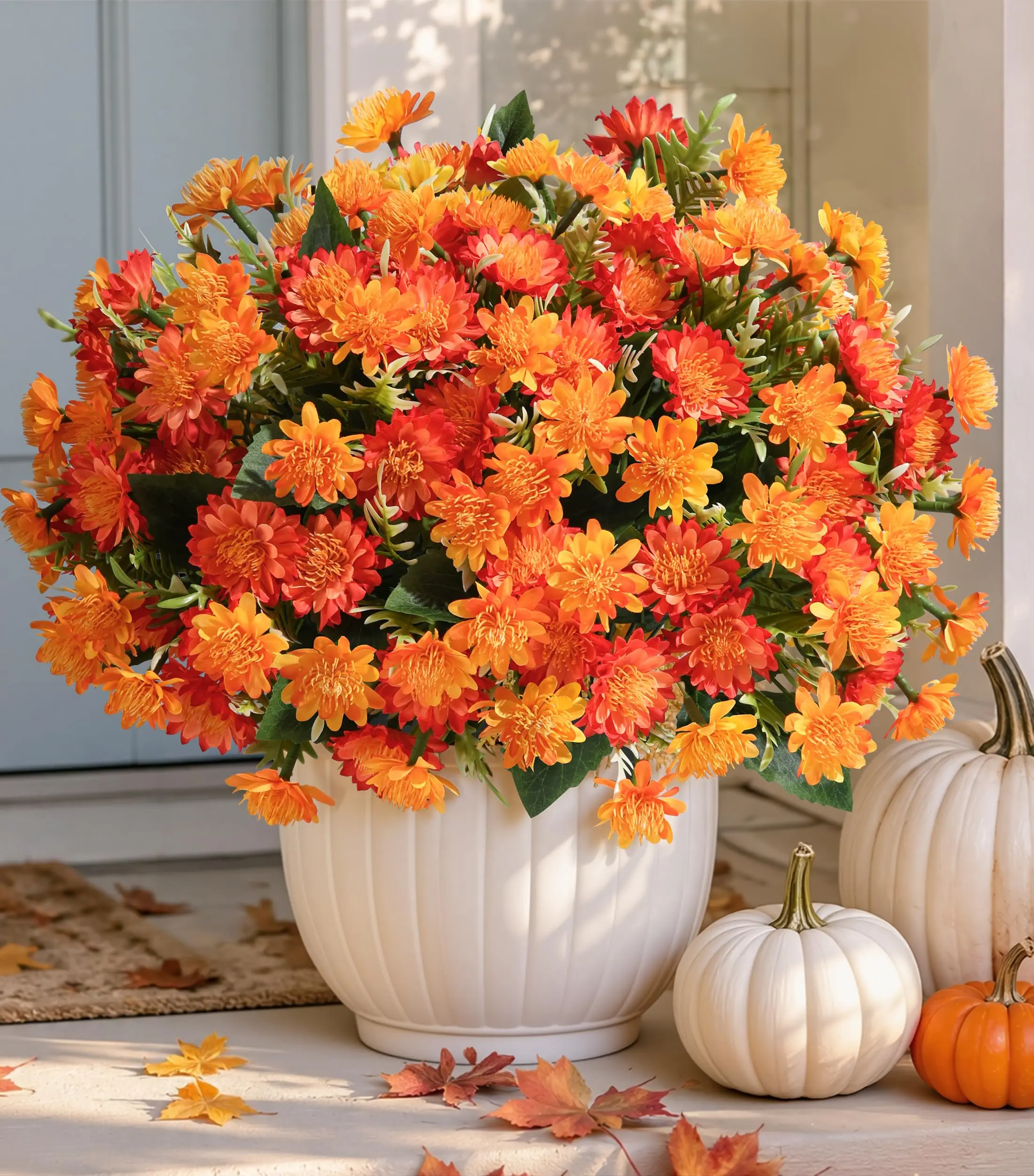 Ivydale Artificial Fall Mum Flowers for Outdoor, Faux Chrysanthemum Bushes UV Resistant, Waterproof Floral Arrangements, Fake Autumn Daisy Flowers for Front Door Patio Garden Yard Planter Home Decor, Orange