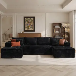 132 Inch U-Shaped Corduroy Modular Sofa with 6 Pillows Chaise Lounge Boneless Convertible Space Saving No Assembly Required 3 Packages Shipping
