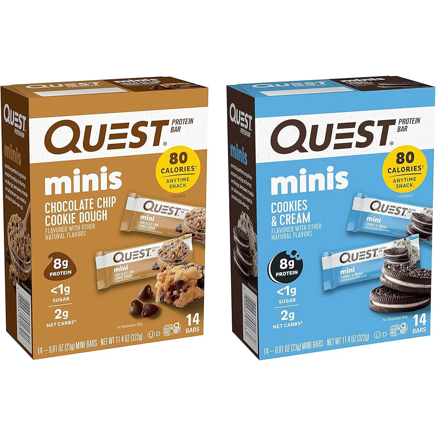 Mini Protein Bars Bundle, Chocolate Chip Cookie and Cookies Cream, High Protein, Low Carb, Keto Friendly, 14 Count Each