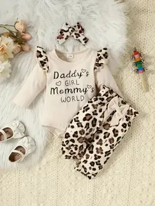 Girls' Letter Print Long Sleeve Bodysuit & Pants with Headband, Cute Casual Outfit for Kids, Perfect for Daily Wear, Baby's Clothing, Gift Set