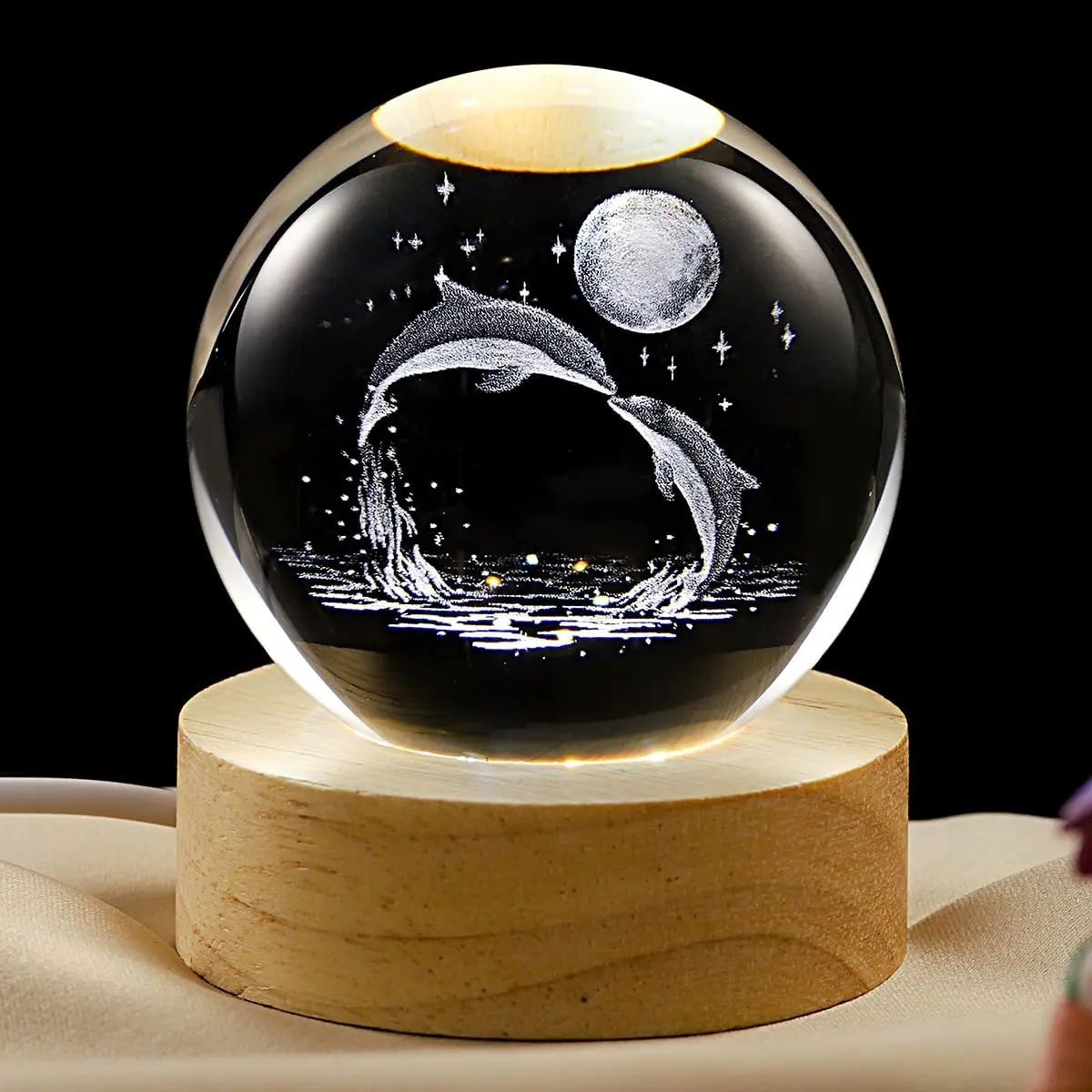 3D Dolphin Crystal Ball Lamp with Dimmable LED and Wooden Base, Night Light for Kids Teens Adults, Home Desk Office Bedroom Decor, Birthday Gift (2.4”/ 6cm)