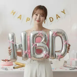 11pcs/set Silver Color Letter Hbd Banner Balloons, Thin Aluminum Foil, Polyester Bow Decorations, Birthday Party Decoration Set