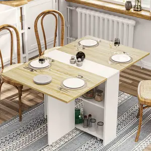 SIKAIC Folding Dining Table with Storage Shelves & Wheels, White Kitchen Drop Leaf Table