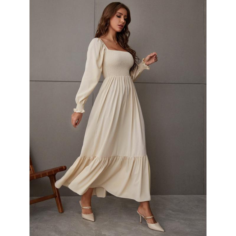 SHEIN Raffinéa Square Neck Shirred Ruffle Hem Dress Maxi Women Outfit