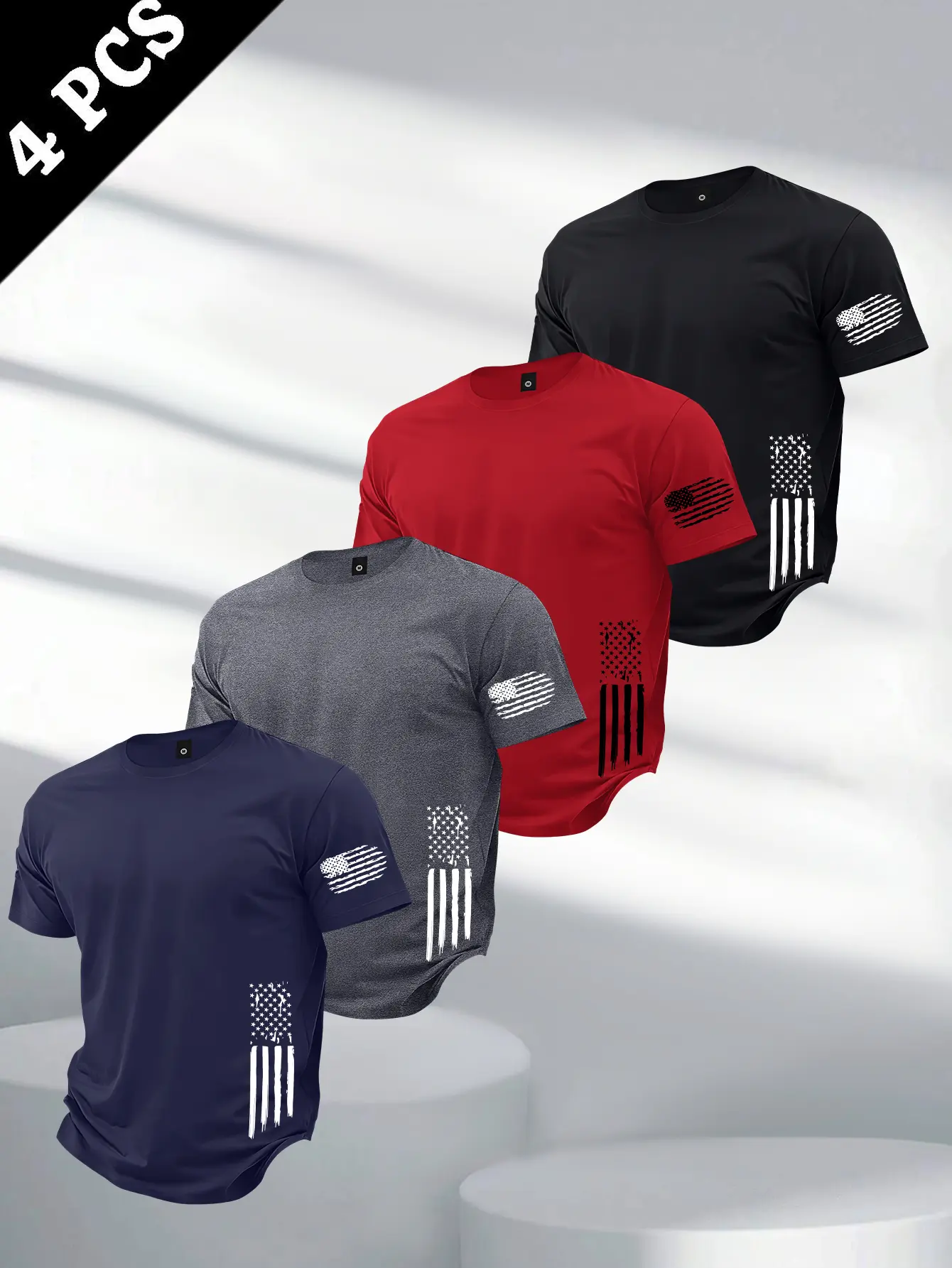 Men's 4-Piece Casual T-Shirt Set, Lightweight Short-Sleeve Shirts with National Flag Print for Outdoor Summer Wear, Shortsleeve, Plain, Assorted Color Men's Short-Sleeve T-Shirts