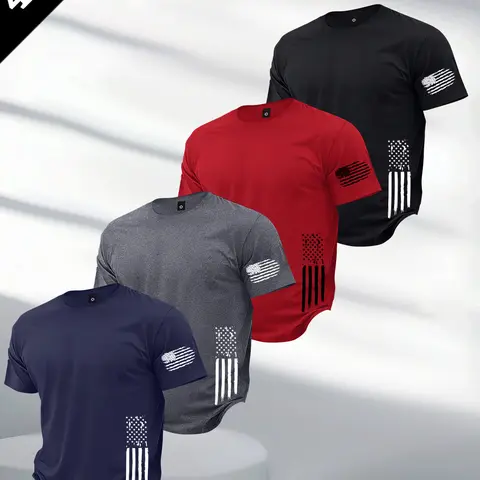 Men's Casual Boyfriend T-Shirt Set - Lightweight Short-Sleeve Tops, Flag Pattern or Solid Color, Multi-Color Options, Ideal for Summer Outdoor & Back-to-School Wear