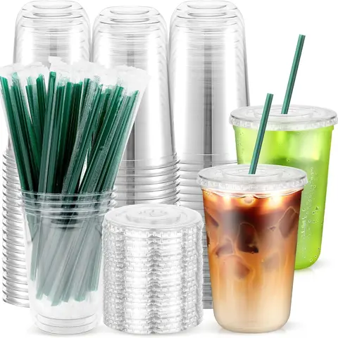 100-Set 16oz Disposable Plastic Cups Kit - Single Use, Transparent, U-Shaped Straws, Leak-Proof Lids, Cold Beverage Cups for Parties, Weddings, Coffee Shops