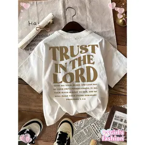 Girls' Short-Sleeve T-Shirt - 100% Cotton Relaxed Fit Casual Top with Inspirational Bible Verse Print (Proverbs 3:5-6) - Breathable Summer Tee for Teens, White with Golden Lettering, Machine Washable, Summer Casual Wear |   Geometric Print Tee