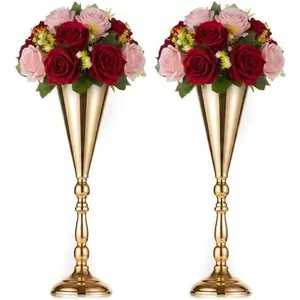 2 pack Metal Gold Trumpet Vase Tall Flower Centerpiece for Wedding Reception, Tabletop Home Decor, Anniversary Birthday Accent for Fresh or Artificial Floral Arrangements