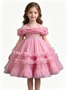 Girl's Glitter Sequin Decor Ruffle Trim Sweater Dress, Tulle Overlay Dress, Elegant Sleeveless Round Neck A Line Dress for Party Performance Birthday, Birthday Dresses, Kids Clothes for Spring & Fall, Frill Trim Dress