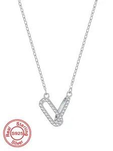 925 Sterling Silver Women's Elegant Rhinestones Decor Double Rings Design Pendant Necklace, Exquisite Trendy Pendant Necklace, Chic Jewelry As Gift for Girlfriend