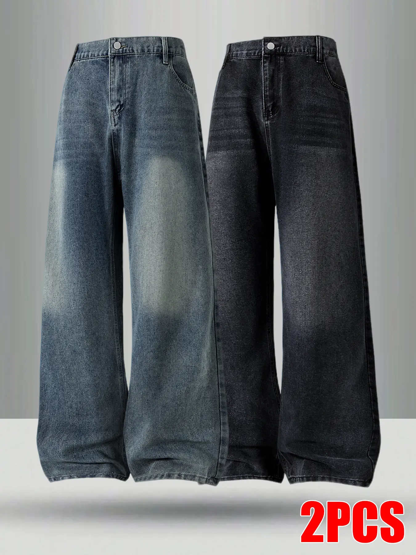 2-Pack Men's Baggy Wide Leg Jeans, Loose Fit Washed Denim Pants, Casual Streetwear Oversized Straight Leg Jeans, Vintage Hip Hop Jeans for Men 2-Pack Men's Baggy Wide Leg Jeans, Loose Fit Washed Denim Pants, Casual Streetwear Oversized Straight Leg Jeans, Vintage Hip Hop Jeans for Men
