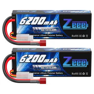 Zeee 2S Lipo Battery 6200mAh 7.4V 60C Hard Case Battery with Deans T Connector for RC Vehicles Car Truck Truggy Boat Racing Hobby(2 Pack)