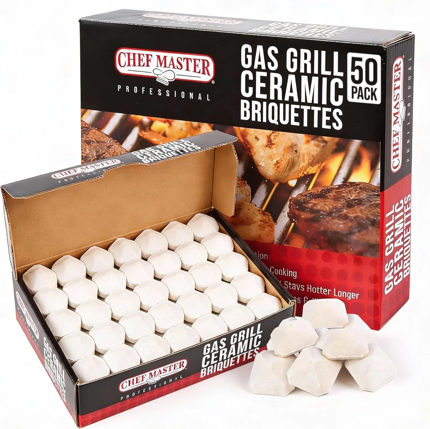 Chef Master Ceramic Briquettes for Gas Grill (50 Pack) - Lava Rock Replacement, Self-Cleaning BBQ Accessory, Cleaner Cooking, Reduced Flare-Ups, Better Heat Distribution - 05004CM