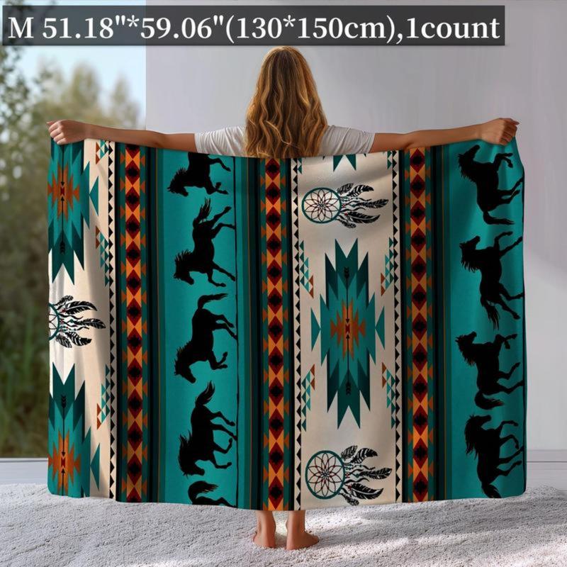 Horse & Geometric Pattern Flannel Blanket, 1 Count Soft Comfortable Throw Blanket, Warm Napping Blanket for Home Office Travel Camping