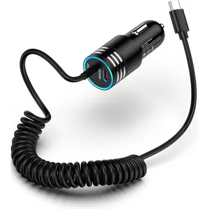 P-CGR08   iPhone 16e Car Charger USB C, 60W Dual PD Super Fast Charging Car Adapter with Coiled USB-C Cable for Apple 16 Pro Max/16 Pro/15 Plus/15 Pro, iPad mini/Air/Pro 11 13inch, Type C cargador para for Car