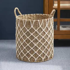 Blovely Well  Round Water Hyacinth Woven Basket with Handles - 15" x 15" x 18.5" - Natural Brown - For Clothes, Towels, Canvas, Toys and Magazine Storage and Home Decoration