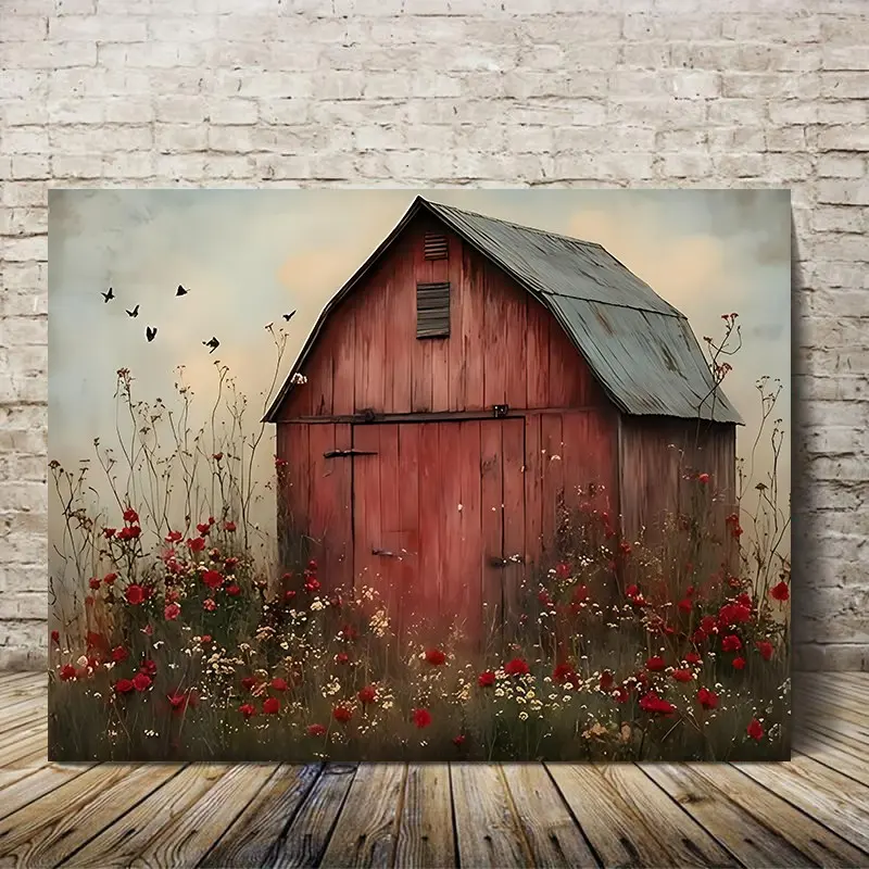 1 Piece Country Style Farmhouse Wall Art, Artwork - Canvas Print with Old Red Barn and Wildflowers in Solid Wood Frame, Waterproof and Durable Print, Includes Hanging Decoration for Home Decor, Suitable for Bathroom, Bedroom Pictures Wall Decor