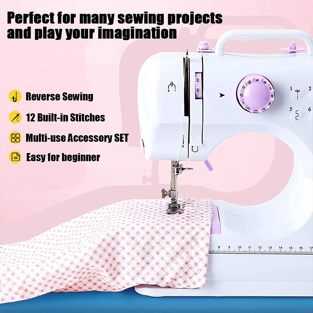 Mini Sewing Machine, Portable Electric Sewing Machine for Beginners with 12 Built-In Stitches, Dual Speed & Lightweight for Crafting Mending, Work Light, Quick Repair on Fabrics, Household Use