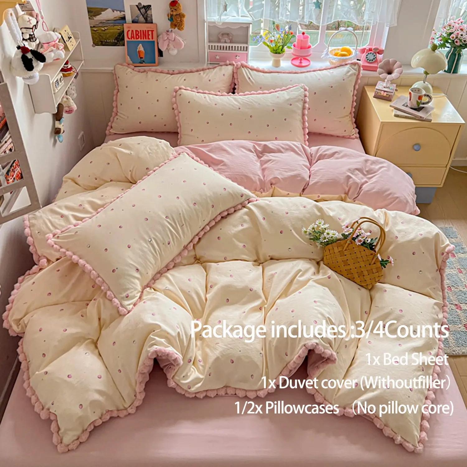 3-Piece Strawberry Bedding Set, Polyester Fiber, Soft Breathable Zipper Sheet Cover, Bedroom Essentials, Breathable Duvet Set