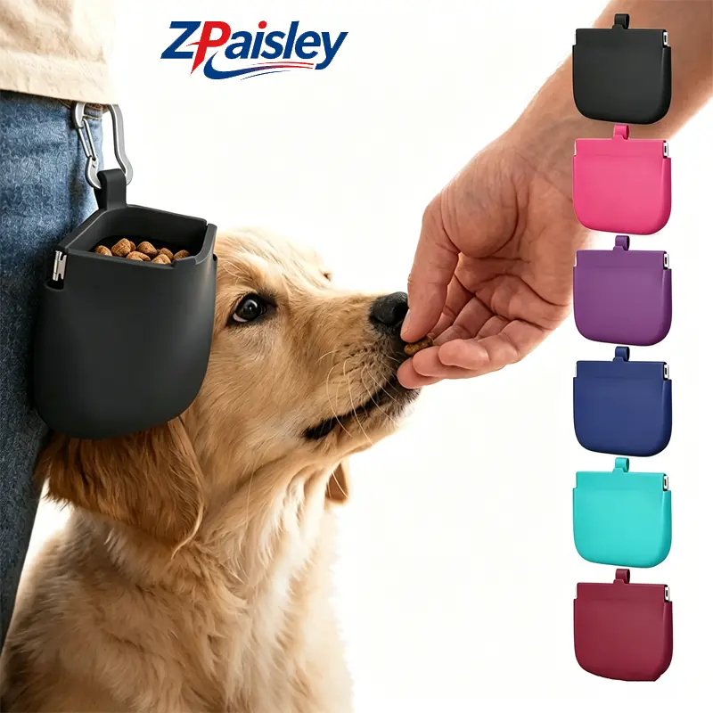 1Pc Silicone Dog Treat Pouch with Carabiner Clip, Hands Free Dog Training Treat Bag, Waterproof BPA Free Reusable Dog Snack Holder for Walking Hiking Puppy Training Outdoor Use