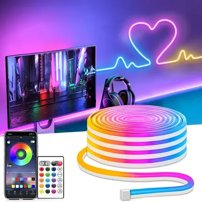16.4FT Led Neon Rope Lights, Flexible Neon Strip Lights Control with App/Remote, Multiple Modes, IP65 Outdoor RGB Waterproof, Music Sync Gaming Light Strip for Bedroom/Living Room/Wall Decor