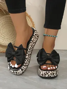 Women's Fashionable Leopard Print Bowknot Design Slides, PU Leather Slides, Summer Sandals, Casual Comfortable Platform Slippers for Summer, Female All-match Round Toe Slippers for Daily Wear, Sandals Heels Walking Comfy Sandals